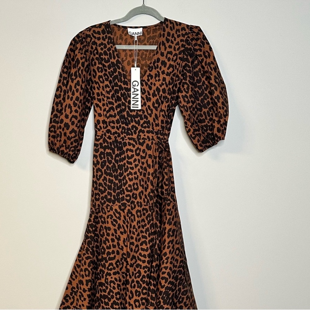 Ganni Brown and Black Leopard Print Midi Dress
